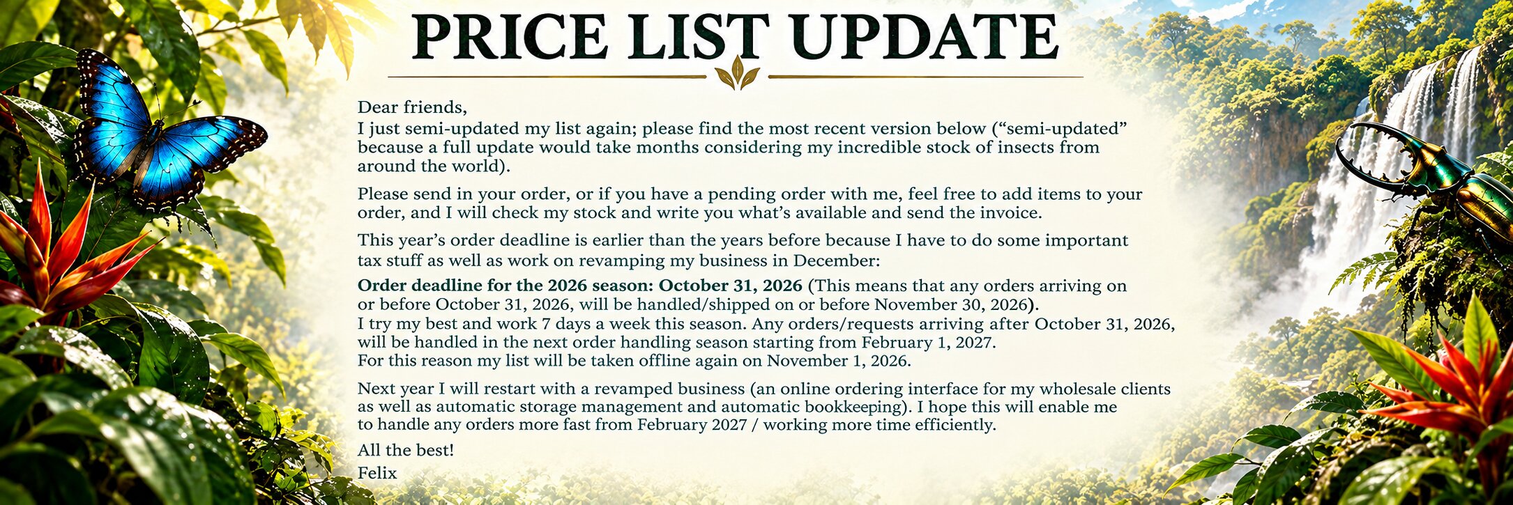 Price list update: the wholesale price list has been semi-updated; order deadline for the 2026 season is October 31, 2026